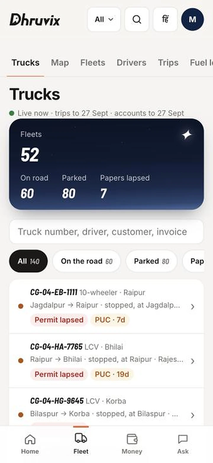 The Fleet screen: every truck with its current trip and papers
